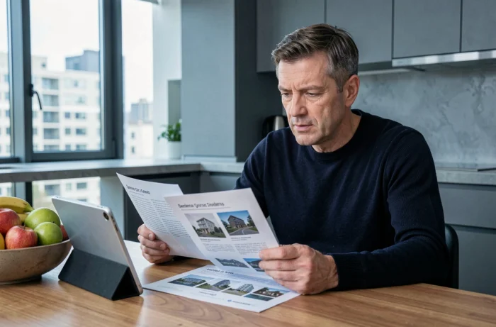 Homme comparant des annonces de location immobilière sur tablette et documents imprimés dans une cuisine moderne