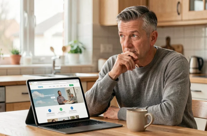 Homme d'âge moyen consultant un site de personal branding sur une tablette depuis chez lui