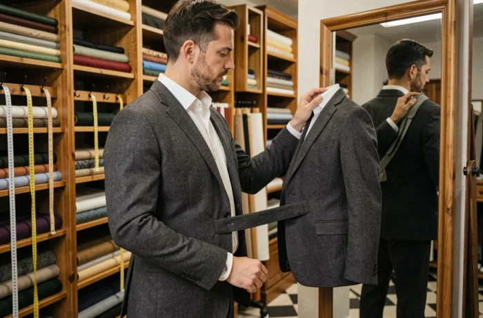 Homme en costume taille 50 debout devant un miroir dans un atelier de tailleur, examinant l'ajustement parfait de sa veste