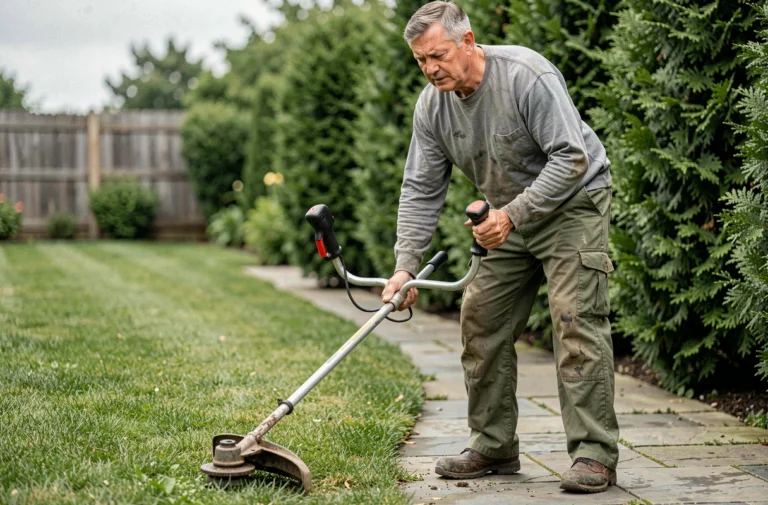Homme utilisant un coupe-bordure thermique le long d'une allée de jardin bien entretenue
