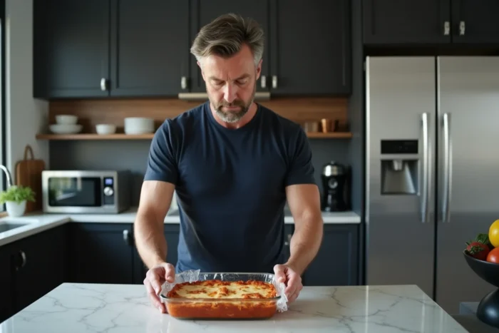 Homme recouvrant un plat de lasagnes de film alimentaire avant de le réchauffer au micro-ondes dans une cuisine moderne