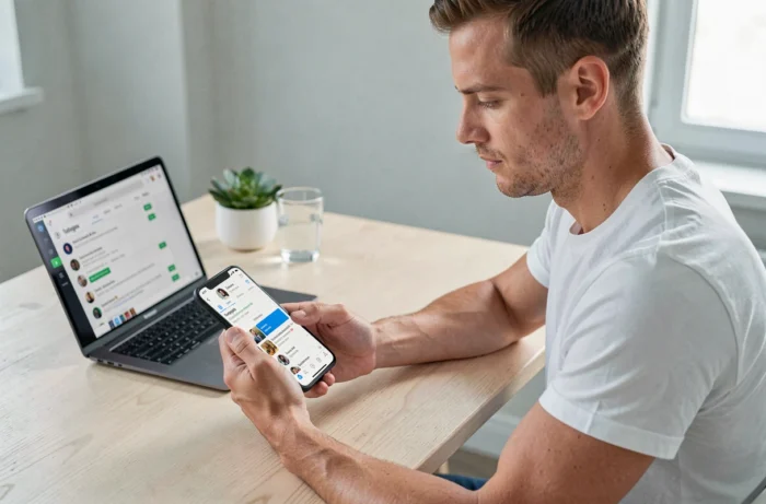 Homme vérifiant ses demandes de suivi Instagram sur smartphone depuis son bureau à domicile