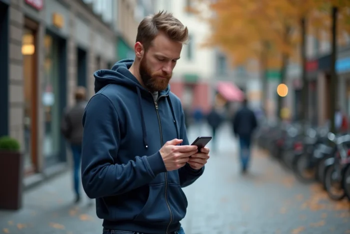 Homme consultant une application de petites annonces gratuites sur son smartphone en ville