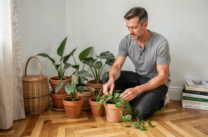 Homme arrangeant des plantes d'intérieur en pots dans un appartement cosy pour décorer son salon