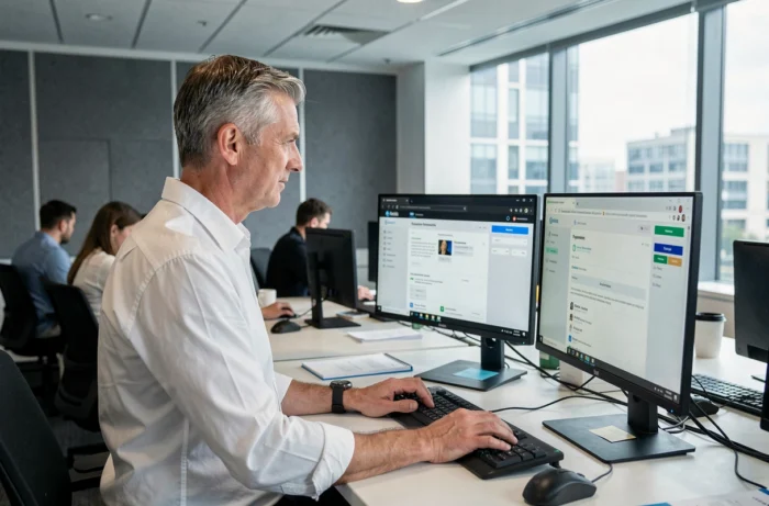 Homme professionnel gérant la sécurité de ses comptes en ligne sur un poste de travail à double écran dans un bureau moderne