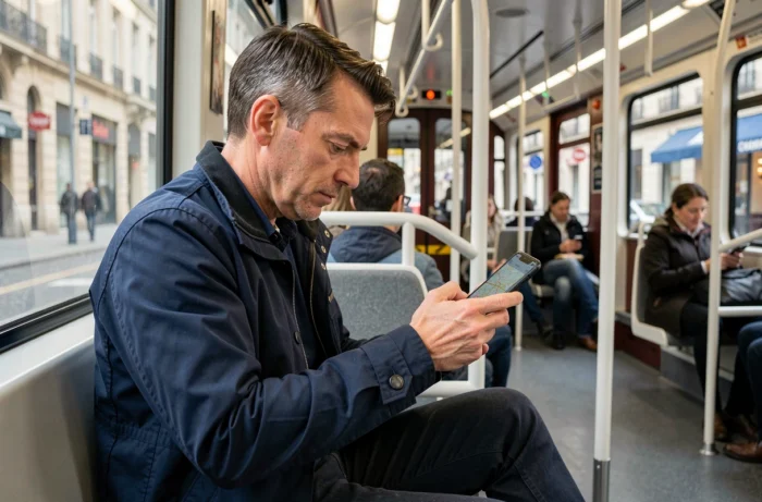 Homme consultant une carte de transport en commun sur smartphone dans le tramway de Bordeaux