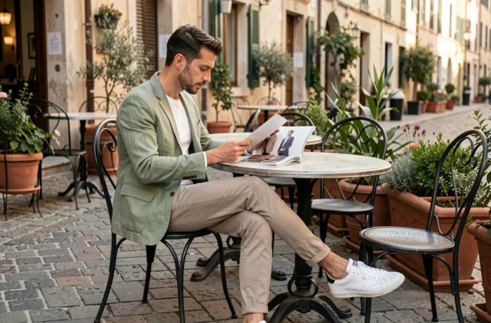 Homme en blazer lin vert sage à une terrasse de café, représentant les conseils de style masculin et tendances mode actuelles