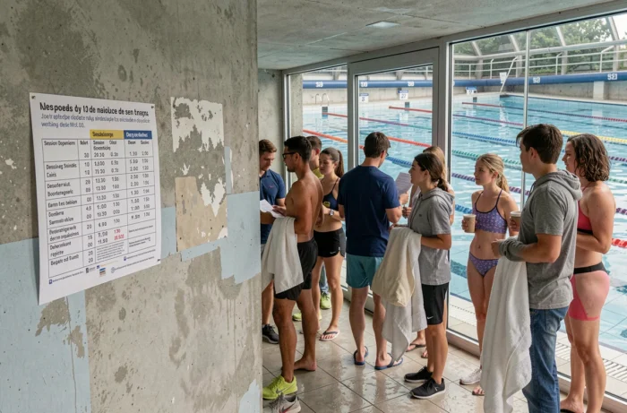 Groupe de nageurs consultant les horaires d'ouverture affichés à l'entrée de la piscine de Menin en Belgique