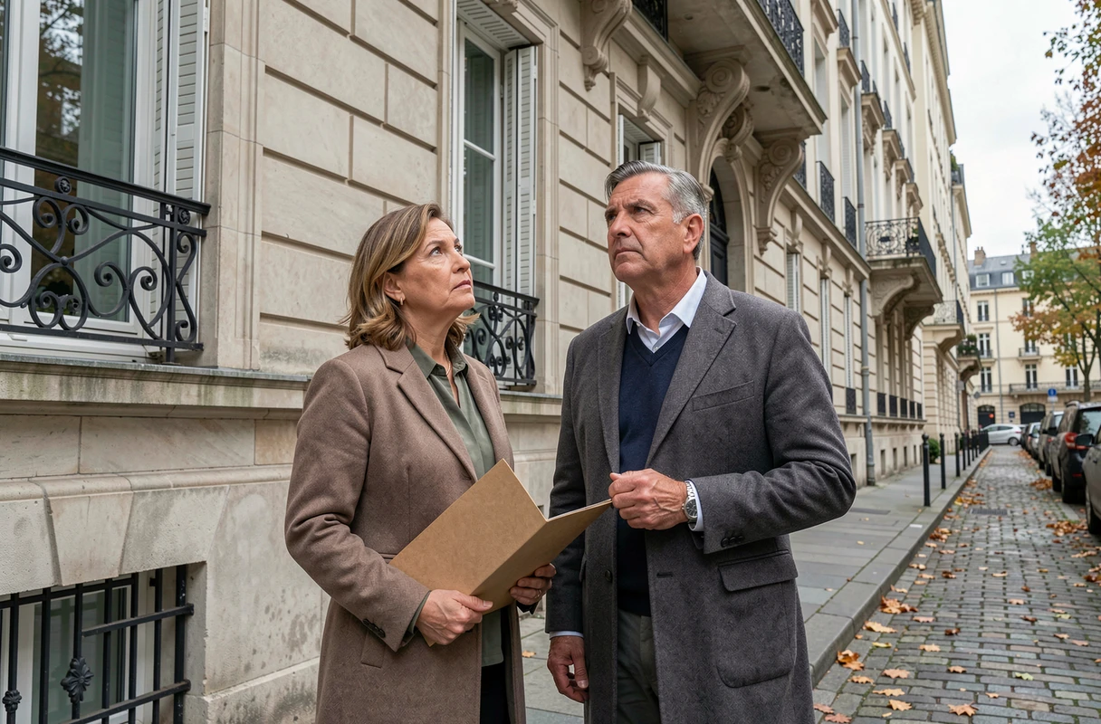Deux adultes examinent la façade d'un immeuble parisien dans le cadre d'une succession liée à un viager