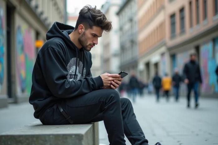 Jeune homme influenceur en tenue streetwear consultant son téléphone dans un espace urbain