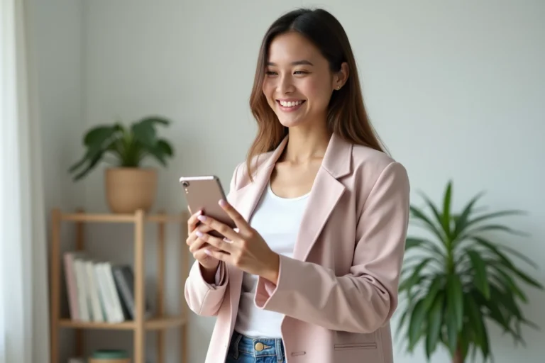 Jeune influenceuse filmant du contenu avec son smartphone dans un appartement moderne et minimaliste