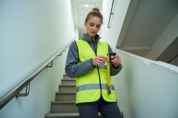 Inspectrice mesurant la hauteur d'un garde-corps d'escalier selon les normes NF P 01-012 et NF P 01-013 dans un bâtiment résidentiel