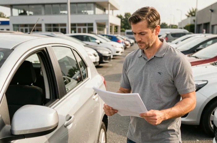 Homme inspectant une voiture d'occasion dans un parc automobile La Centrale Eco avec une fiche de contrôle technique