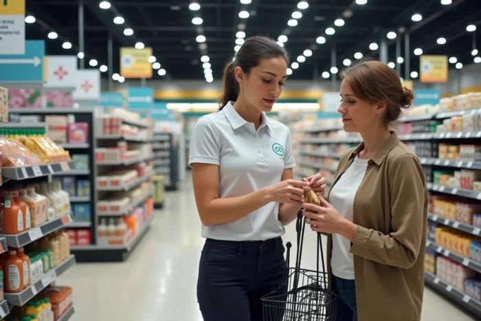 Intérieur d'un magasin de la zone commerciale d'Auray avec employée et cliente