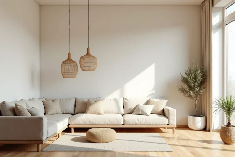Salon nordique moderne avec bois naturel, textiles doux et mobilier minimaliste dans des tons blanc cassé et grège