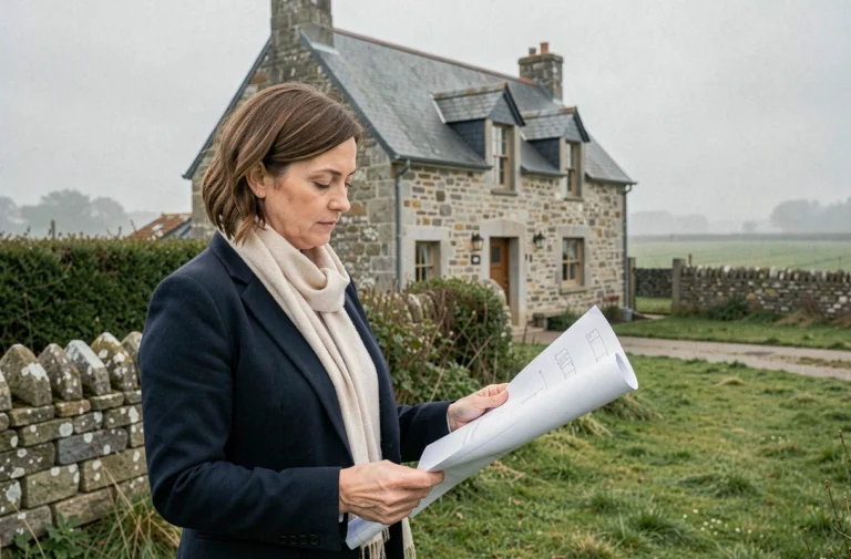 Investisseuse immobilière examinant les plans d'une ferme bretonne en pierre restaurée dans un cadre rural