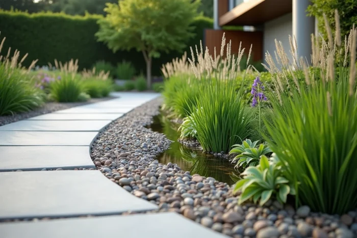 Jardin de pluie intégré au plan de circulation d'un jardin moderne avec plantes hygrophiles