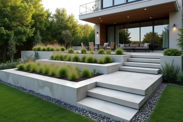 Jeu de niveaux avec terrasses étagées dans un jardin contemporain en pente