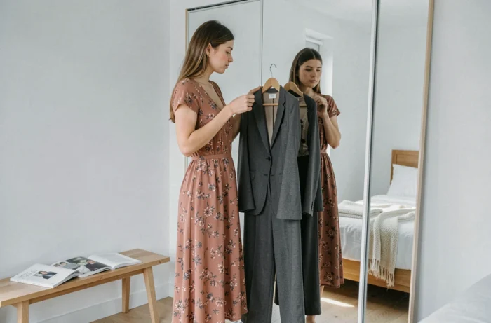 Jeune femme comparant deux tenues devant un miroir dans un appartement moderne, conseils pour trouver son style personnel