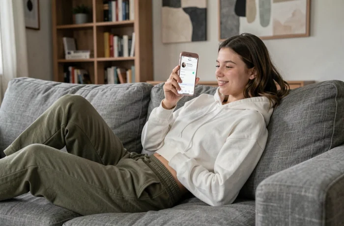 Jeune femme allongée sur un canapé consultant les demandes de suivi envoyées sur Instagram depuis son iPhone