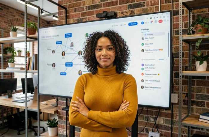 Jeune femme debout devant un écran affichant des métriques d'influence et de valeur en ligne dans un espace de coworking