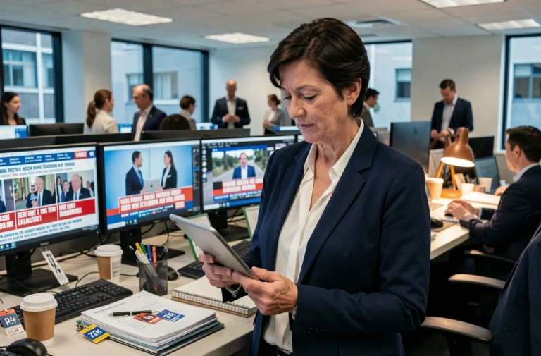 Journaliste en salle de rédaction suivant les actualités politiques en temps réel sur tablette et écrans