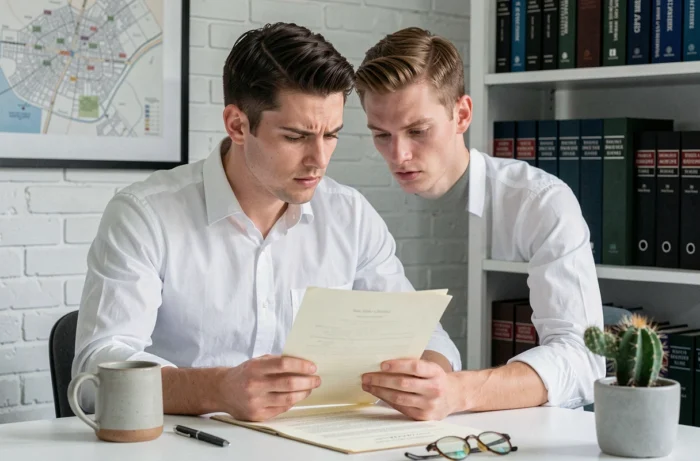 Jeune homme concentré lisant des documents notariés et un contrat de prêt immobilier dans un bureau minimaliste