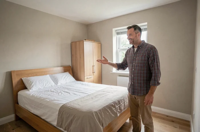 Homme montrant une chambre inutilisée de son logement à un potentiel locataire