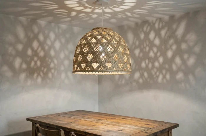 Luminaire suspendu artisanal en fibre de chanvre tressée au-dessus d'une table en bois dans un intérieur minimaliste