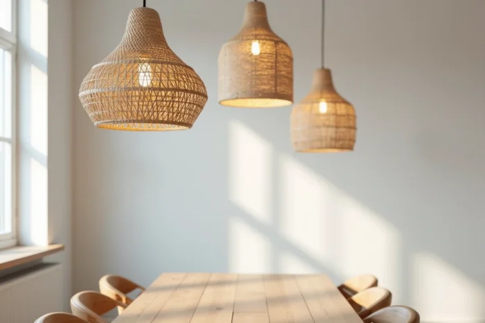 Luminaires suspendus en rotin tressé et papier naturel au-dessus d'une table à manger nordique en chêne