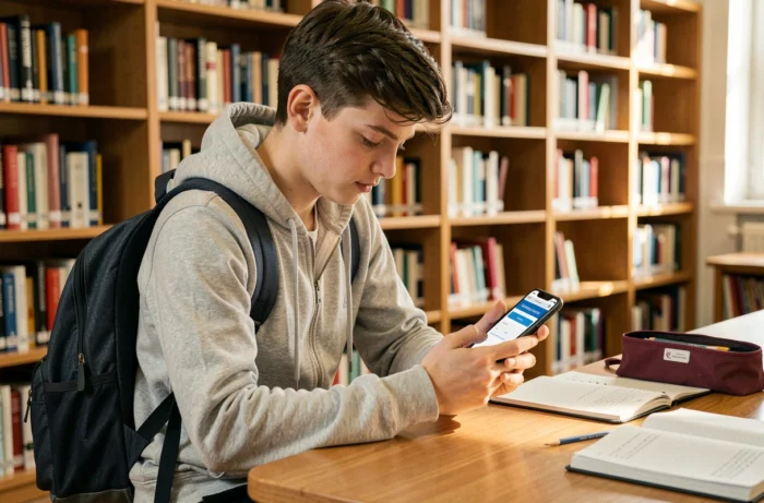 Lycéen consultant son mail académique Nantes sur smartphone dans une bibliothèque scolaire