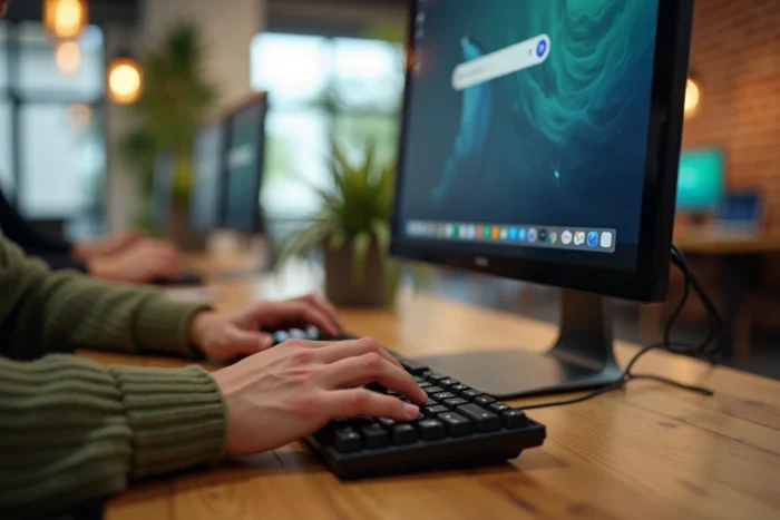 Gros plan sur des mains tapant au clavier dans un espace de coworking avec un outil de recherche intelligent visible sur un grand écran