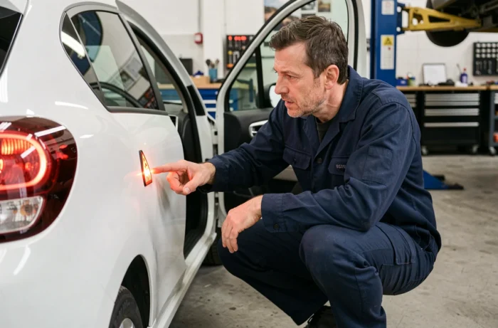 Mécanicien expliquant la signification des voyants du tableau de bord d'une Citroën C3 dans un garage