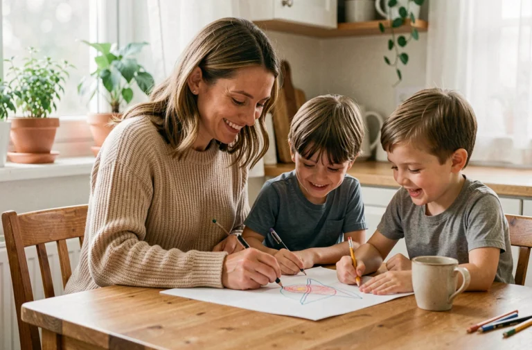Mère aidant ses enfants à faire un dessin à la table de la cuisine, scène familiale quotidienne et chaleureuse