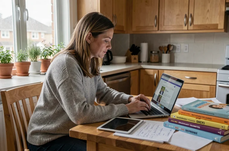 Une mère consulte des ressources parentales sur son ordinateur portable dans une cuisine moderne et chaleureuse