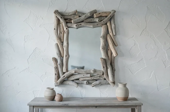 Miroir mural encadré de morceaux de bois flotté collectés localement, aux formes organiques et tons gris-beige naturels