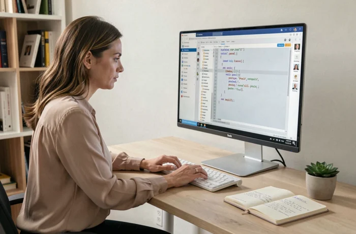 Femme freelance travaillant sur des missions en ligne depuis son bureau à domicile professionnel