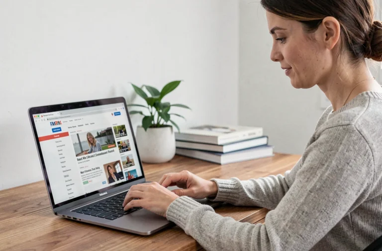 Femme naviguant sur un site d'actualités avec un plan du site visible sur son écran d'ordinateur portable