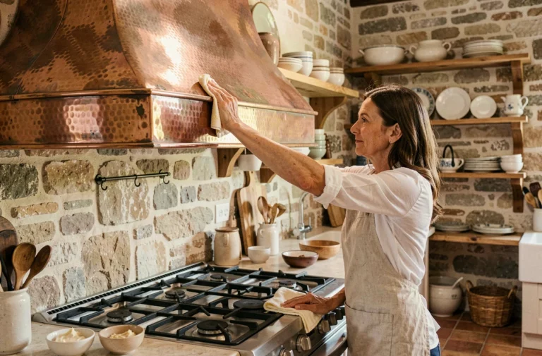 Femme qui nettoie une hotte en cuivre martelée dans une cuisine de style maison de campagne française avec des murs en pierre
