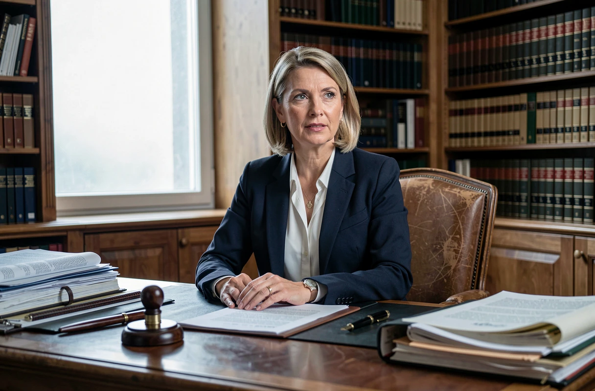 Une notaire française assise à son bureau examine des documents légaux liés à une vente en viager