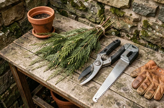 Cisailles de jardinage et branches de thuyas fraîchement taillées posées sur un établi en bois rustique