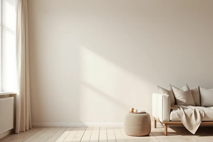Murs en blanc cassé et grège dans un intérieur nordique minimaliste avec parquet chêne et textiles lin