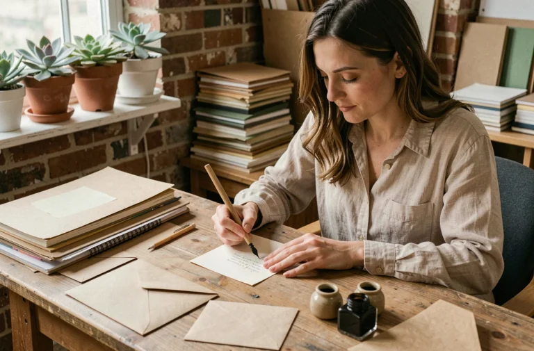 Femme écrivant à la plume calligraphique sur du papier recyclé entourée d'accessoires de papeterie éco-responsable sur un bureau en bois