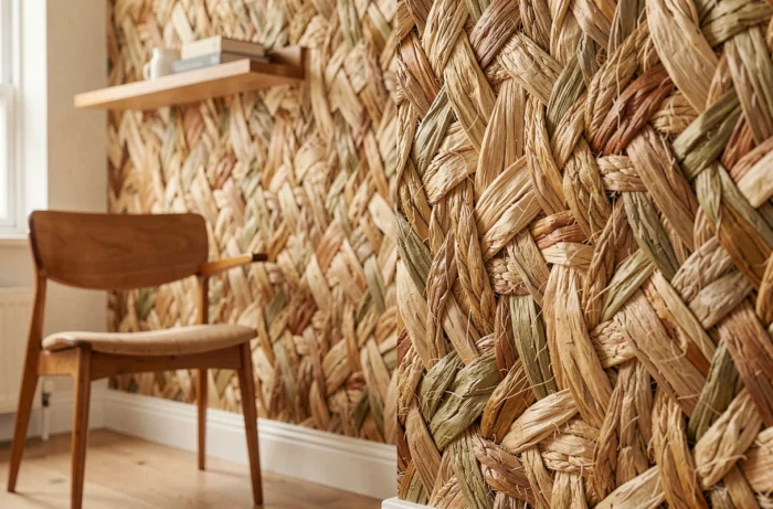 Papier peint en fibres végétales de jute ou sisal, avec motif tressé naturel aux tons paille et sable sur un mur intérieur