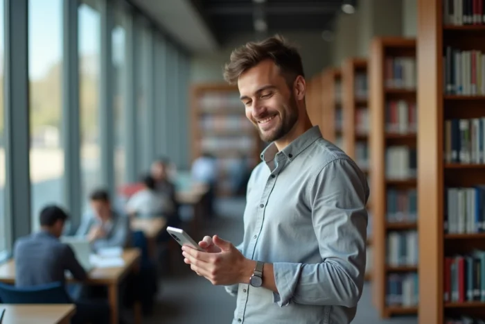 Homme paramétrant un compte mail académique de l'université de Strasbourg sur iPhone dans une bibliothèque universitaire