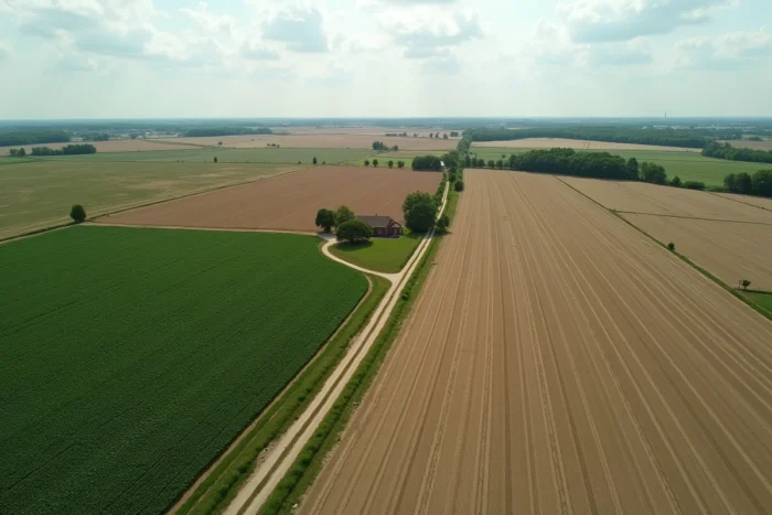 Vue aérienne de parcelles agricoles divisées illustrant les unités de mesure hectare et are