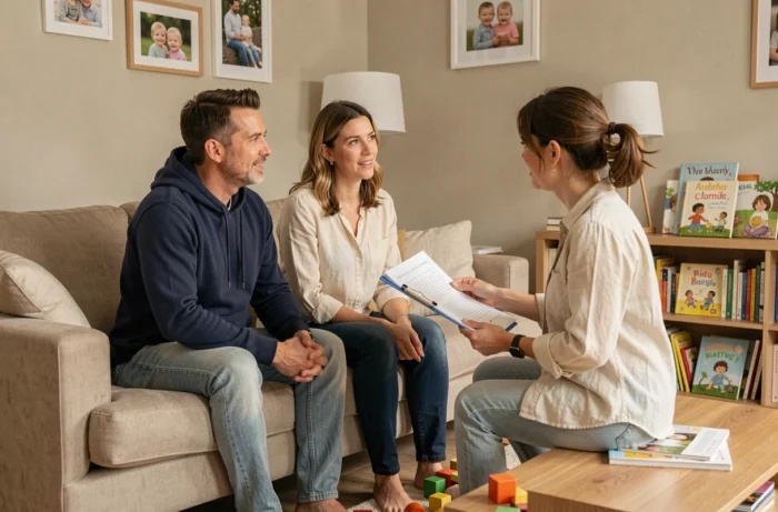 Des parents reçoivent les conseils d'une professionnelle de la petite enfance dans leur salon familial