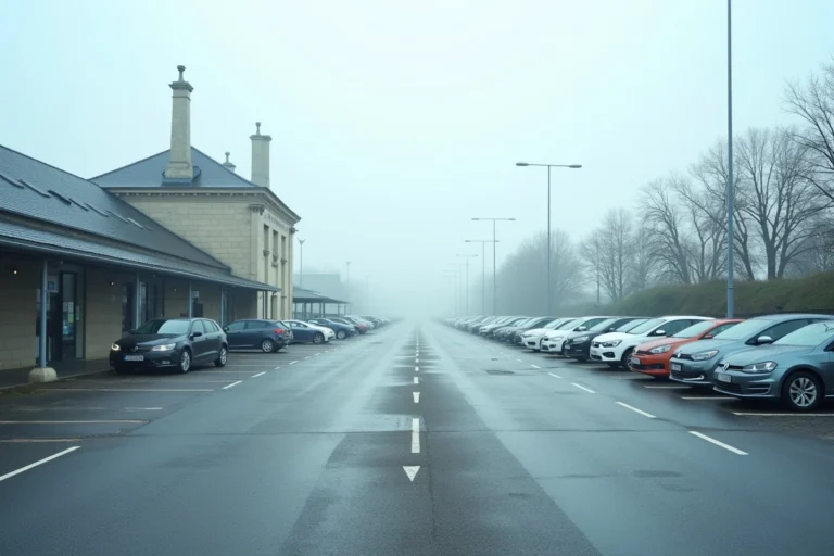 Parking gratuit devant la gare de Valence avec des voitures garées sur un parking extérieur en asphalte