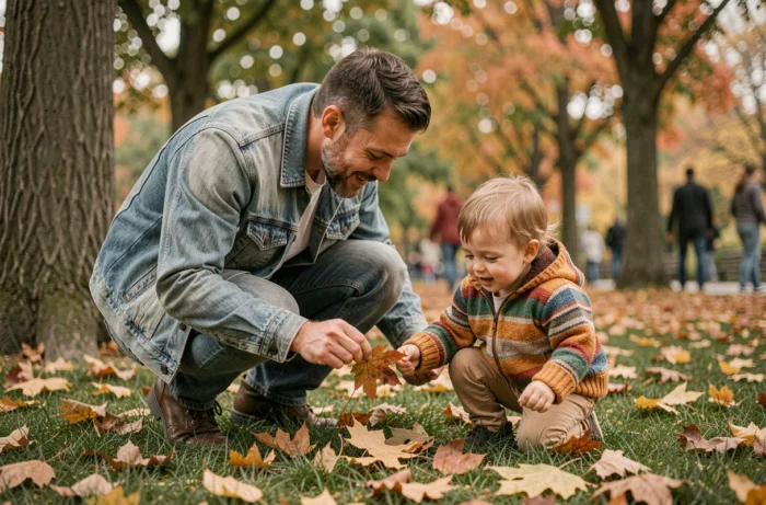 Père et jeune enfant explorant une feuille d'automne dans un parc, moment de complicité parentale en plein air