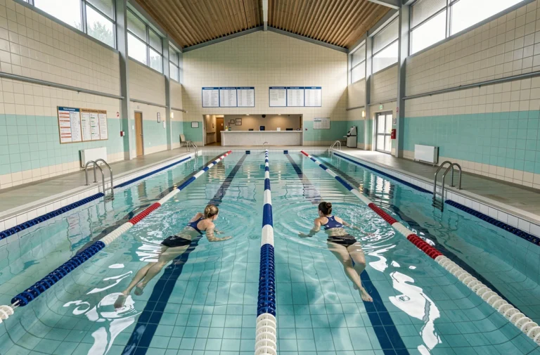 Vue panoramique de la piscine intérieure de Menin en Belgique avec couloirs de nage et nageurs adultes